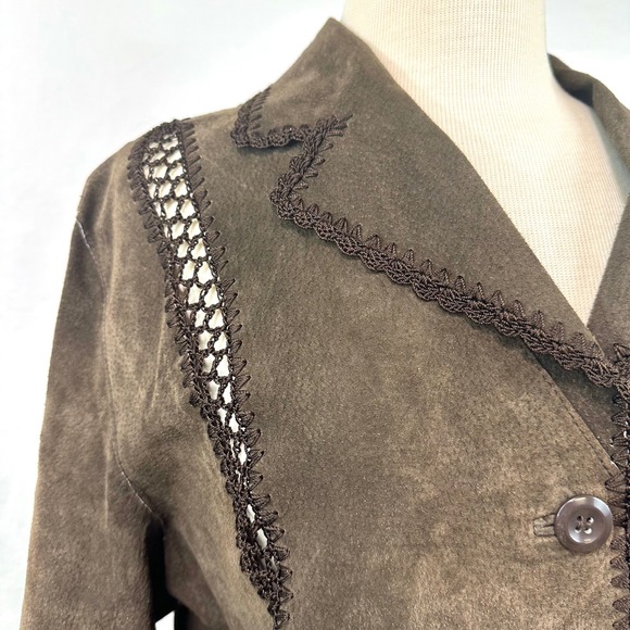 WHITE STAG Y2K Brown Suede Leather Blazer Jacket  Crochet Patchwork Women's XL - Picture 3 of 7